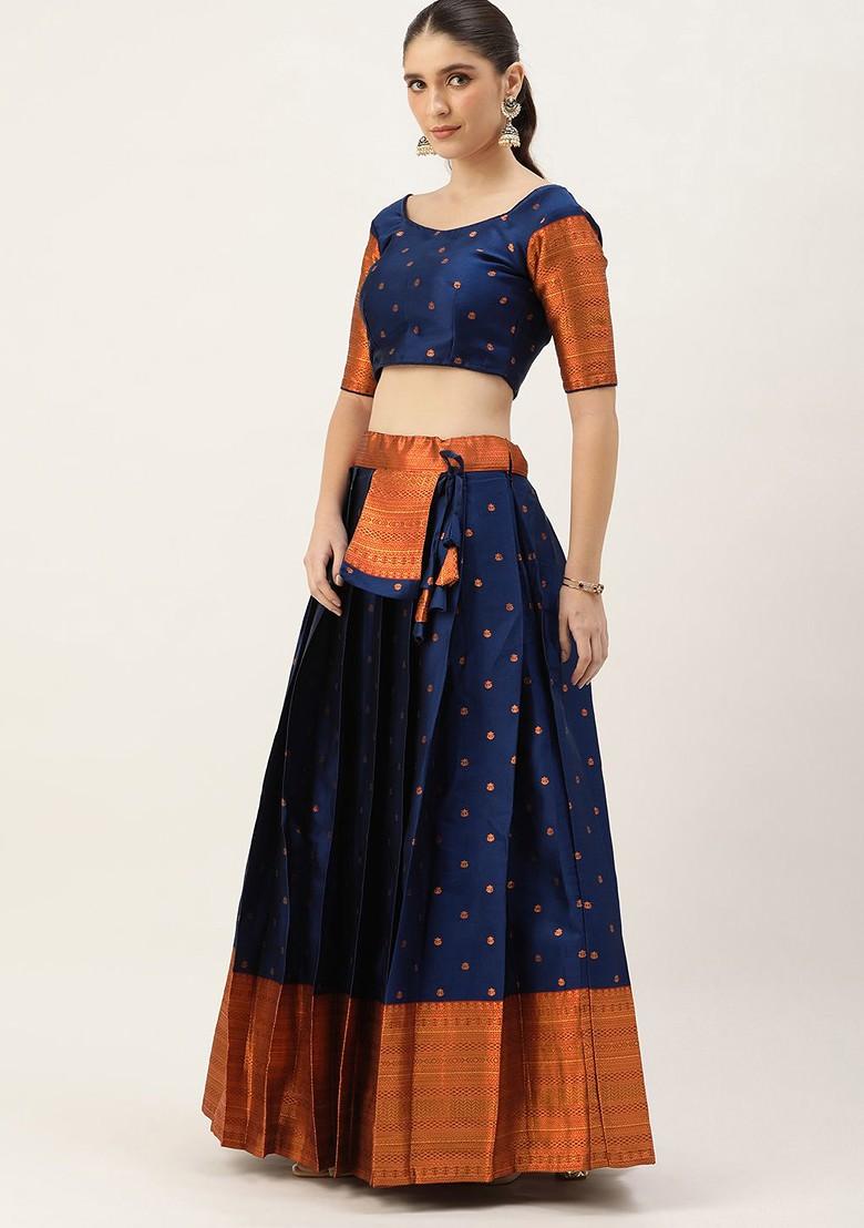 Navy Blue Emboridered Blended Lehenga Choli - Indya
