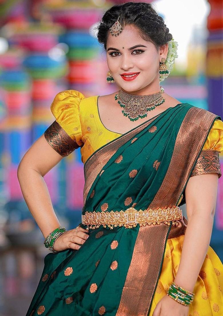 Yellow Woven Design Blended Lehenga Choli - Indya