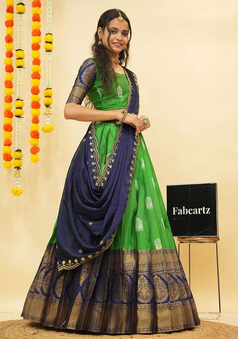 Green Zari Work Blended Lehenga Choli - Indya