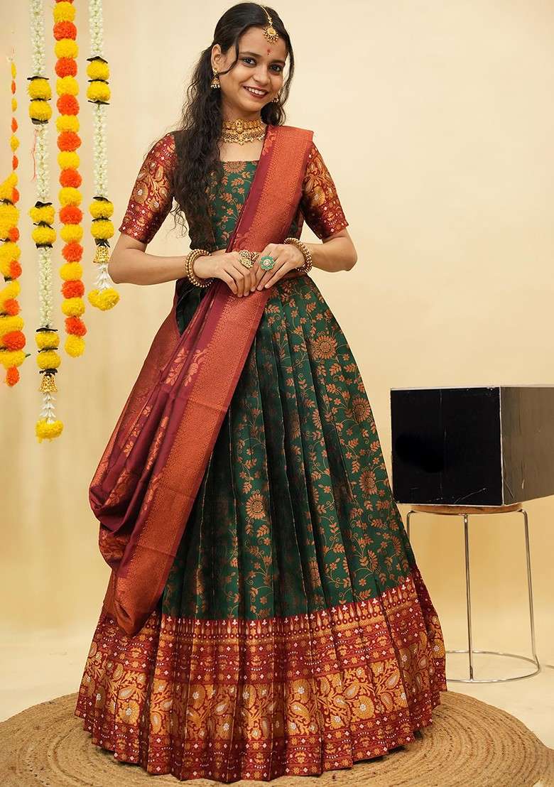 Green Zari Work Blended Lehenga Choli - Indya