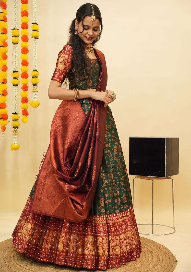 Green Zari Work Blended Lehenga Choli - Indya