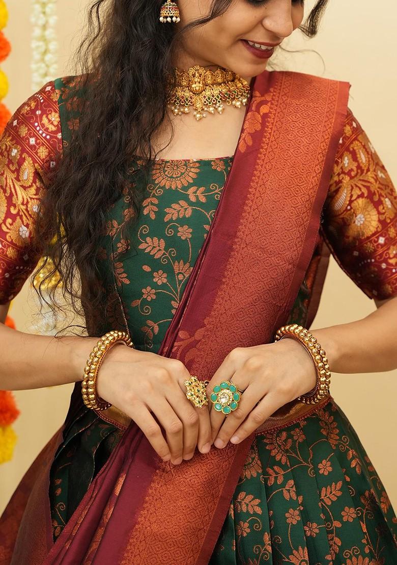 Green Zari Work Blended Lehenga Choli - Indya