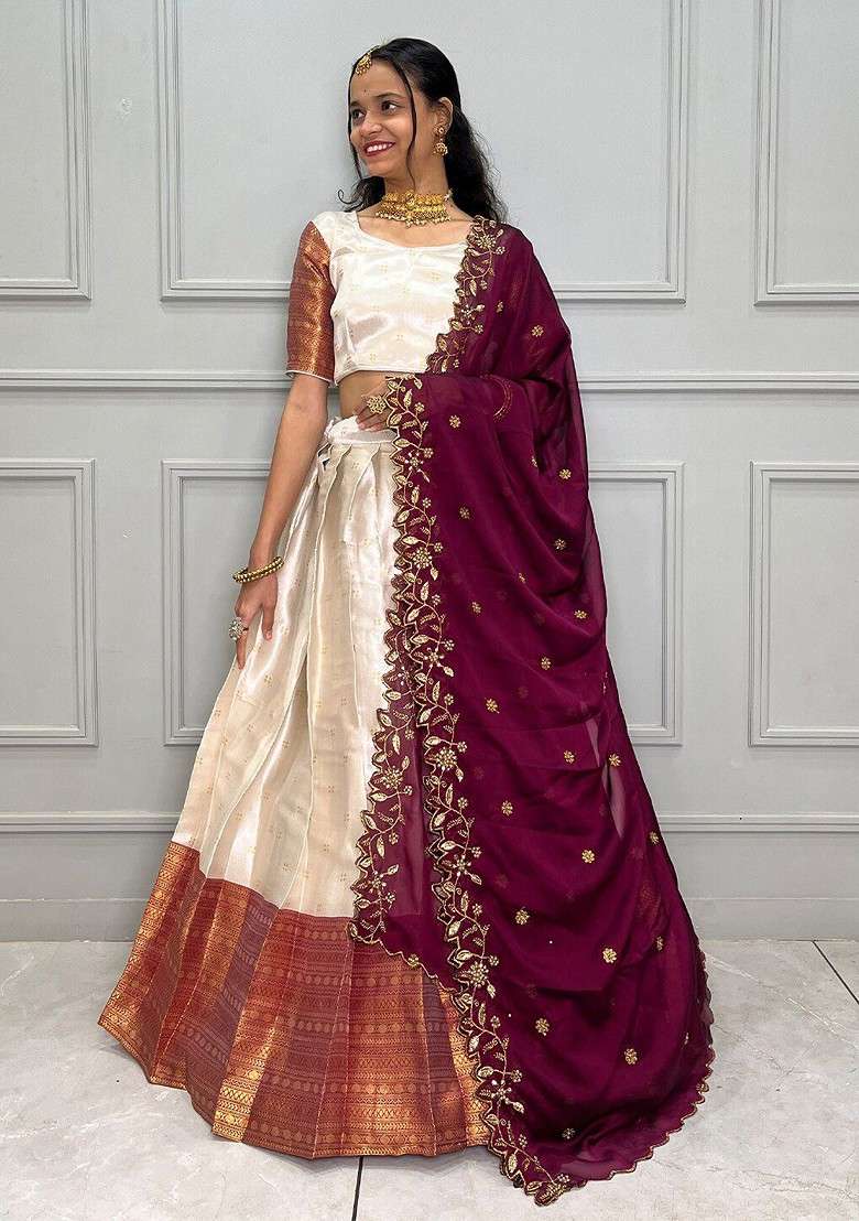 White Woven Design Blended Lehenga Choli - Indya