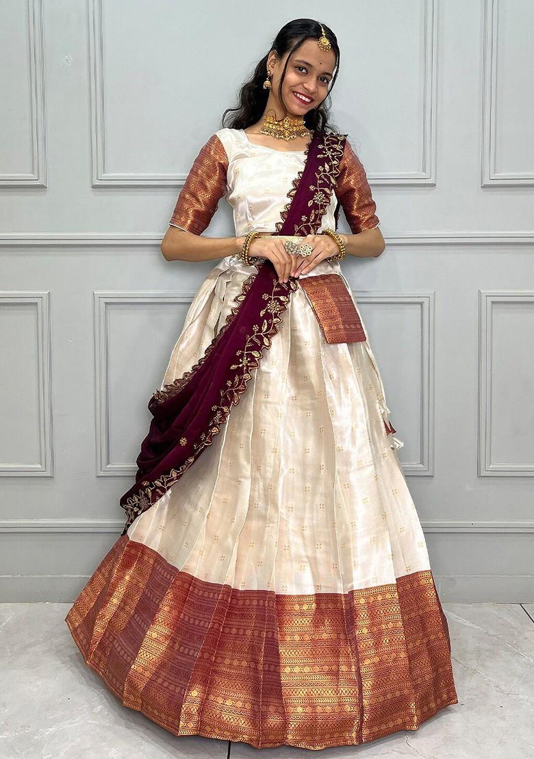 White Woven Design Blended Lehenga Choli - Indya