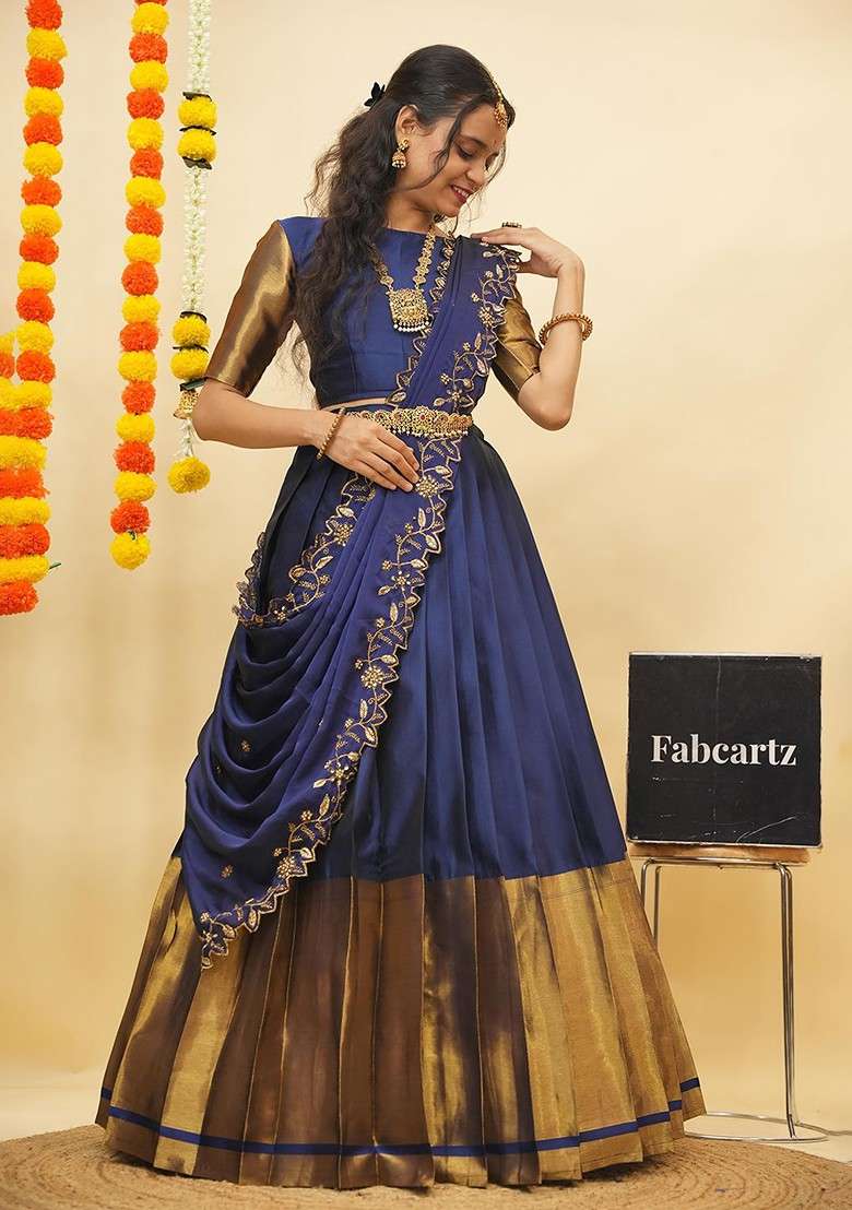 Blue Zari Work Blended Lehenga Choli - Indya