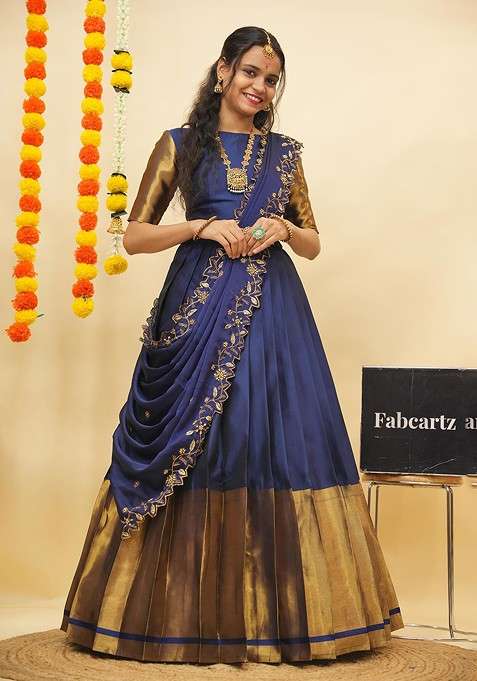Blue Zari Work Blended Lehenga Choli