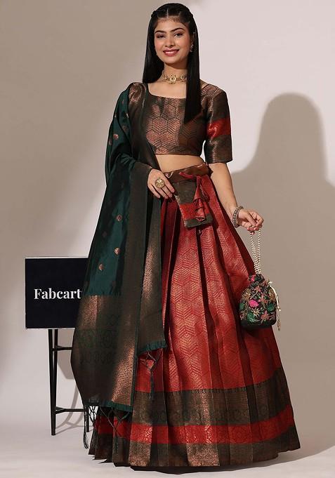 Maroon Woven Design Blended Lehenga Choli — view on Indya