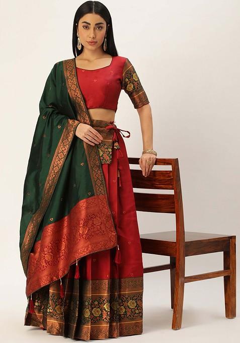 Maroon Zari Work Blended Lehenga Choli — view on Indya