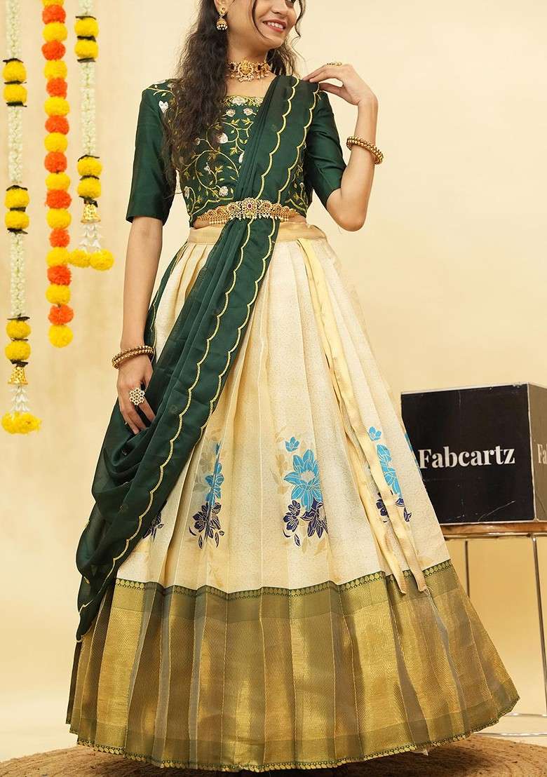 Cream Zari Work Blended Lehenga Choli - Indya