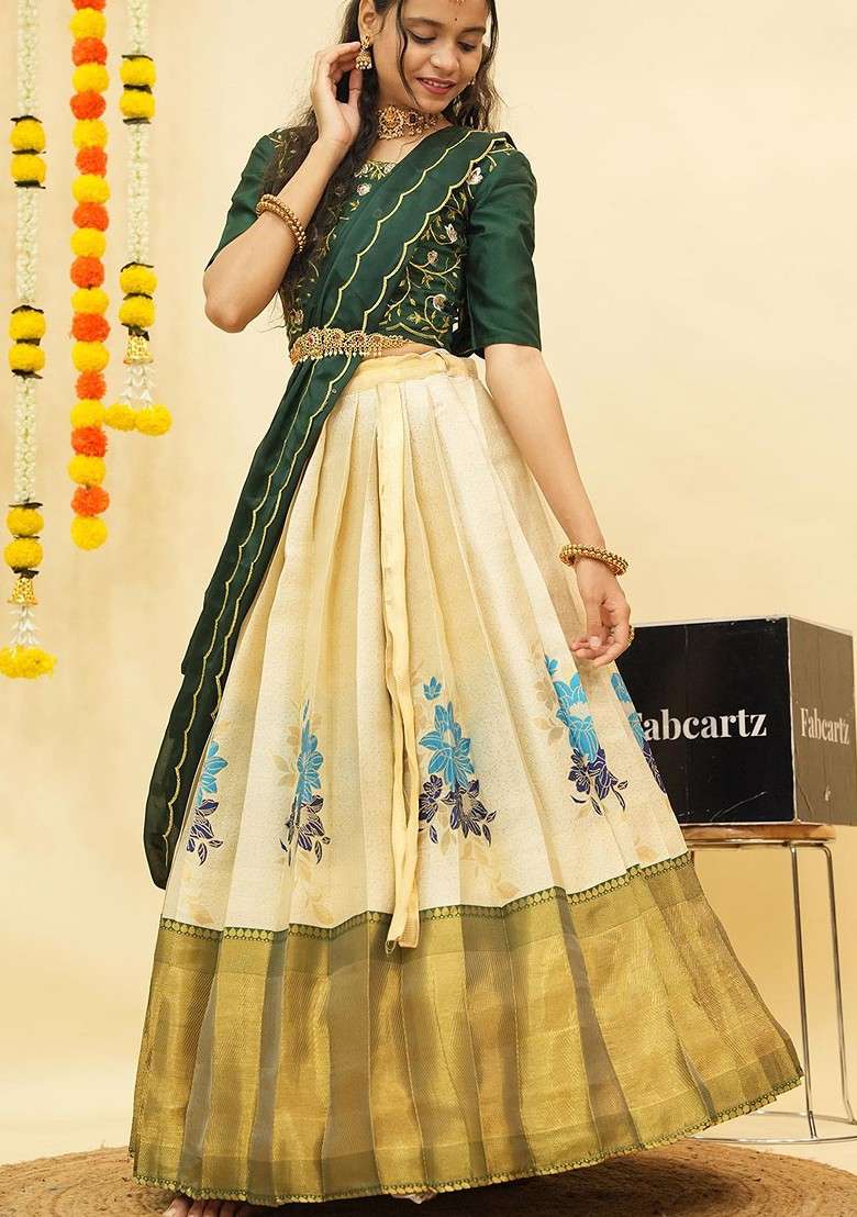 Cream Zari Work Blended Lehenga Choli - Indya