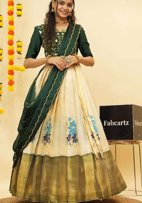 Cream Zari Work Blended Lehenga Choli