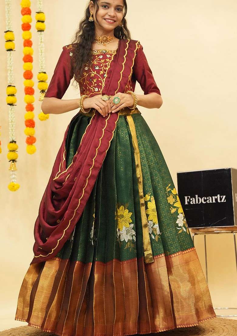 Green Zari Work Blended Lehenga Choli - Indya