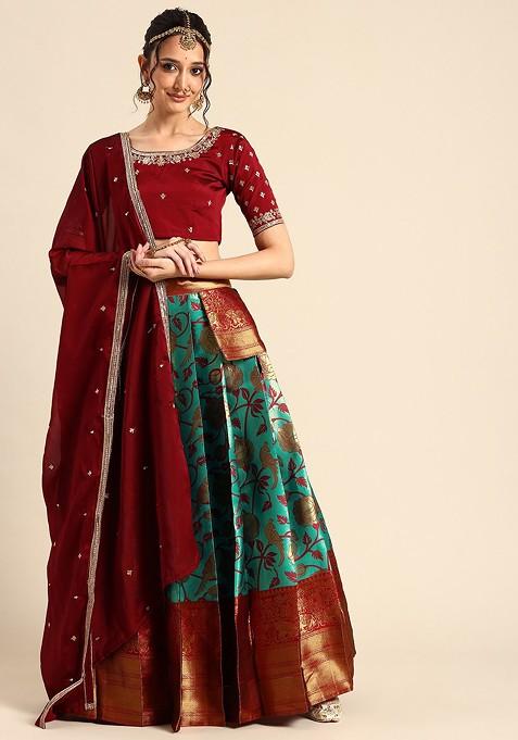 Green Embellished Blended Lehenga Choli — view on Indya