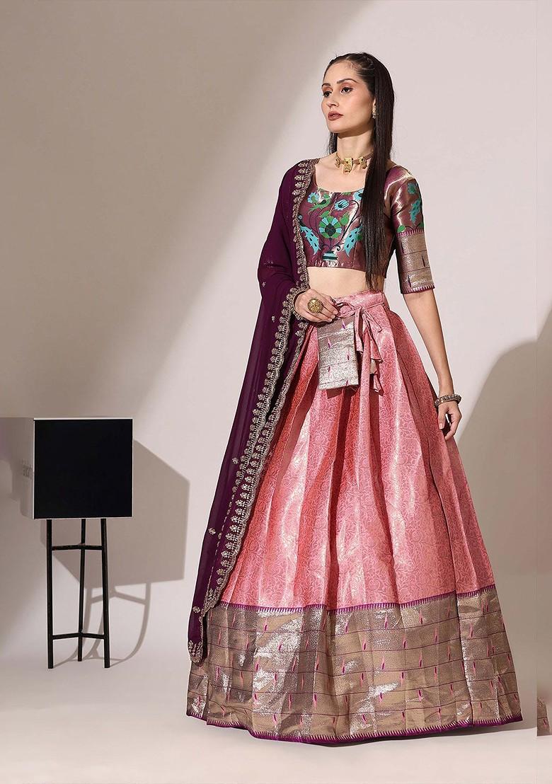 Pink Woven Design Blended Lehenga Choli - Indya