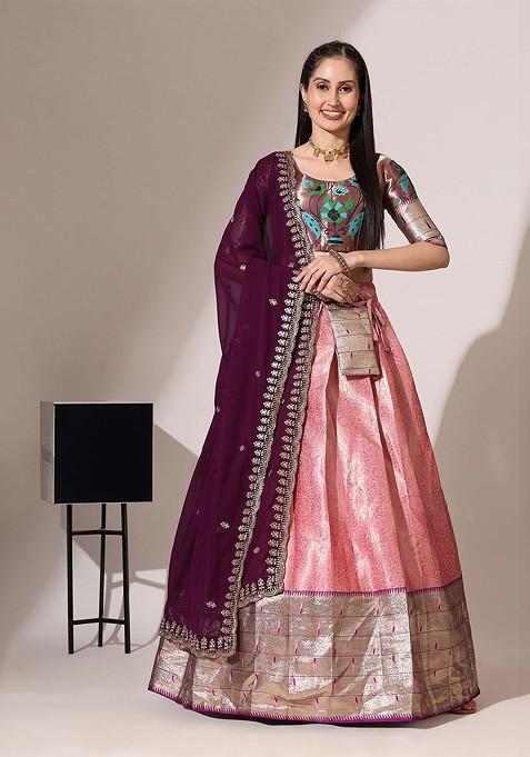 Pink Woven Design Blended Lehenga Choli — view on Indya