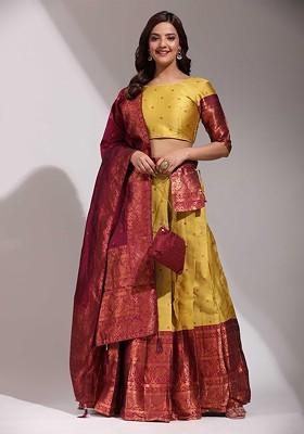 Yellow Woven Design Blended Lehenga Choli