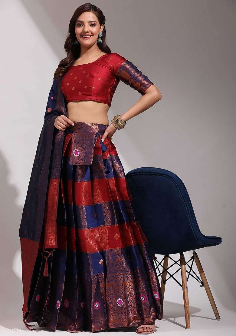 Navy Blue Zari Work Blended Lehenga Choli - Indya