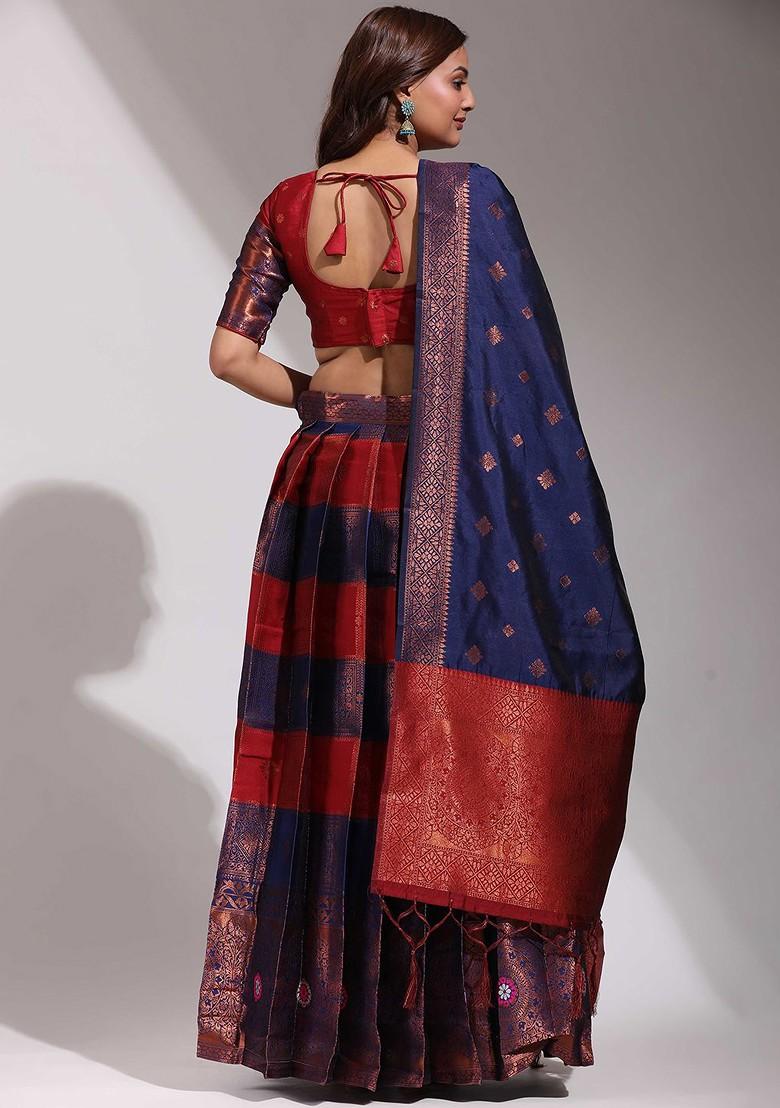 Navy Blue Zari Work Blended Lehenga Choli - Indya
