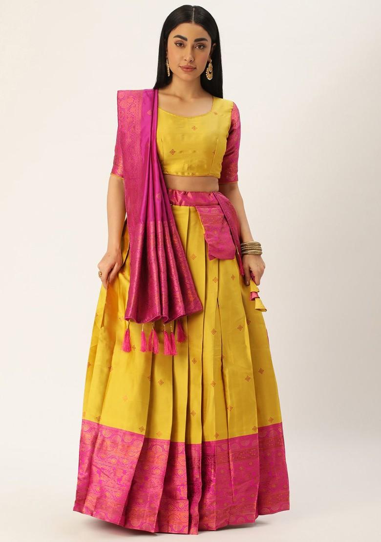 Yellow Zari Work Blended Lehenga Choli - Indya