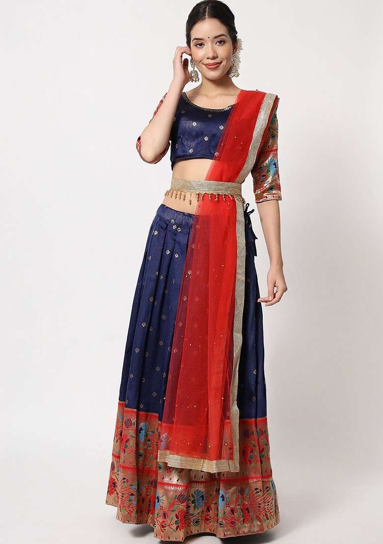 Navy Blue Emboridered Blended Lehenga Choli - Indya