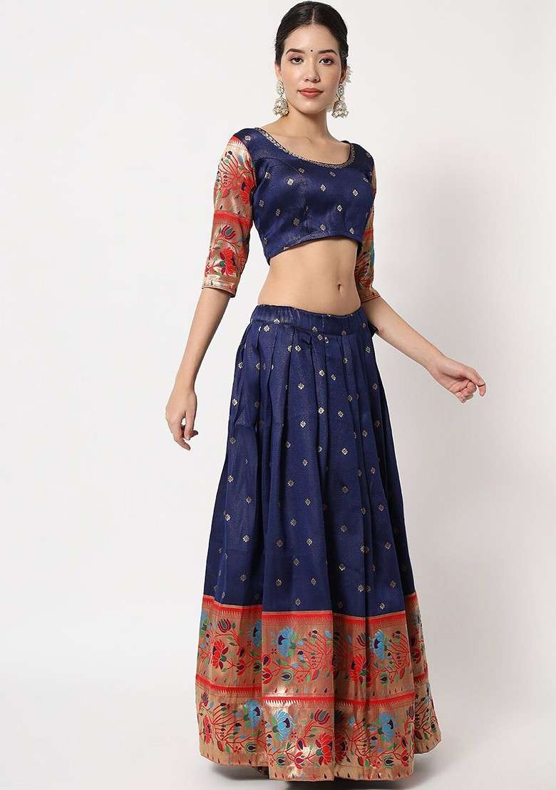 Navy Blue Emboridered Blended Lehenga Choli - Indya