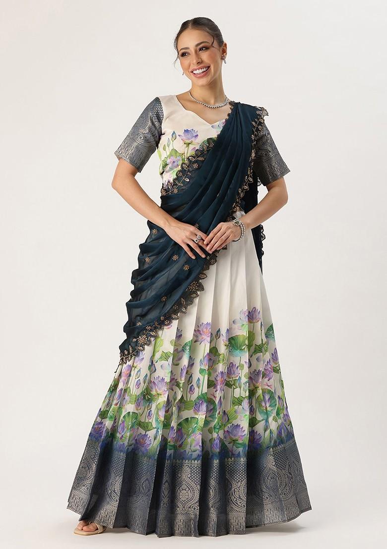 Teal Printed Blended Lehenga Choli - Indya