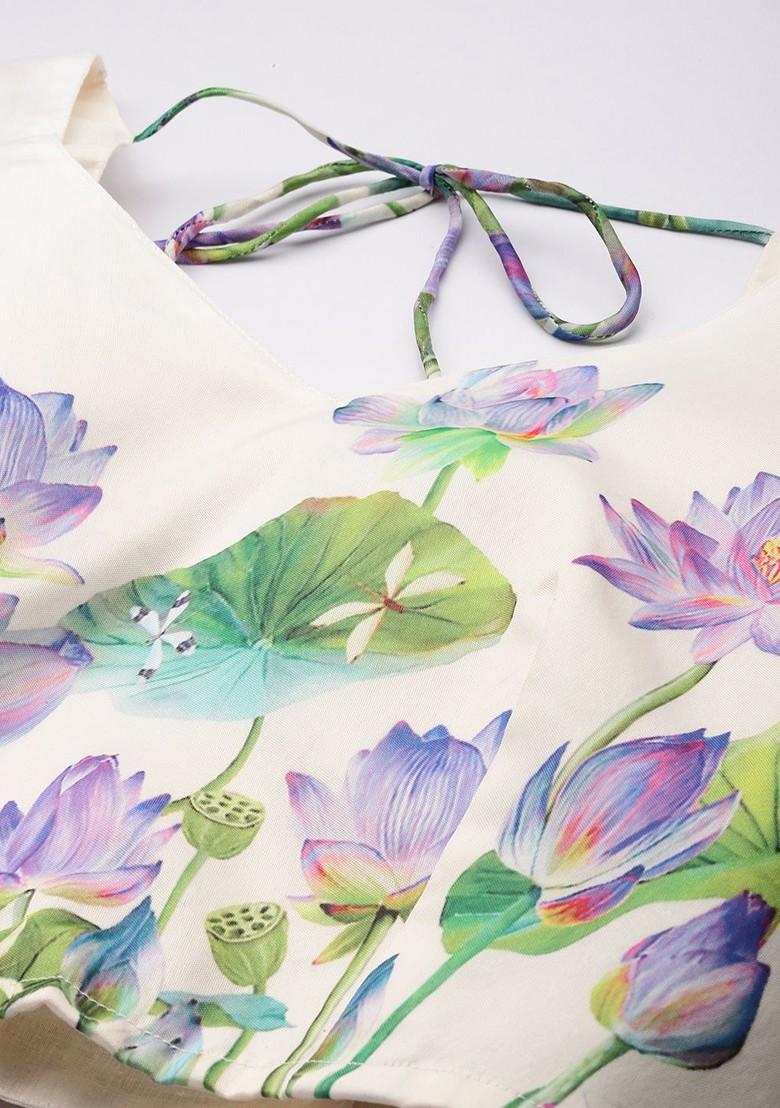 Teal Printed Blended Lehenga Choli - Indya