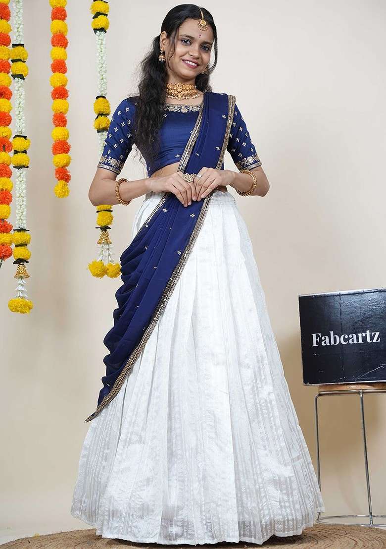 Navy Blue Embellished Blended Lehenga Choli - Indya