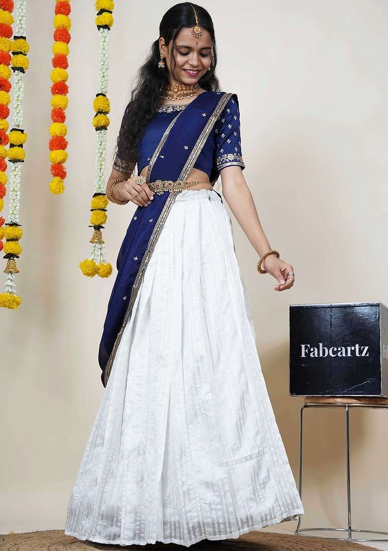 Navy Blue Embellished Blended Lehenga Choli - Indya