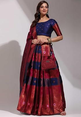 Navy Blue Zari Work Blended Lehenga Choli