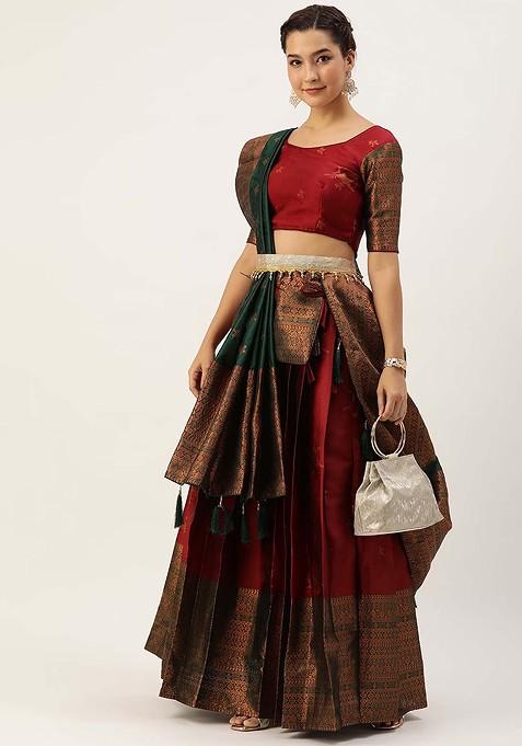 Maroon Woven Design Blended Lehenga Choli — view on Indya