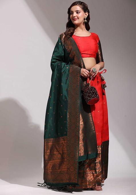 Red Woven Design Blended Lehenga Choli — view on Indya