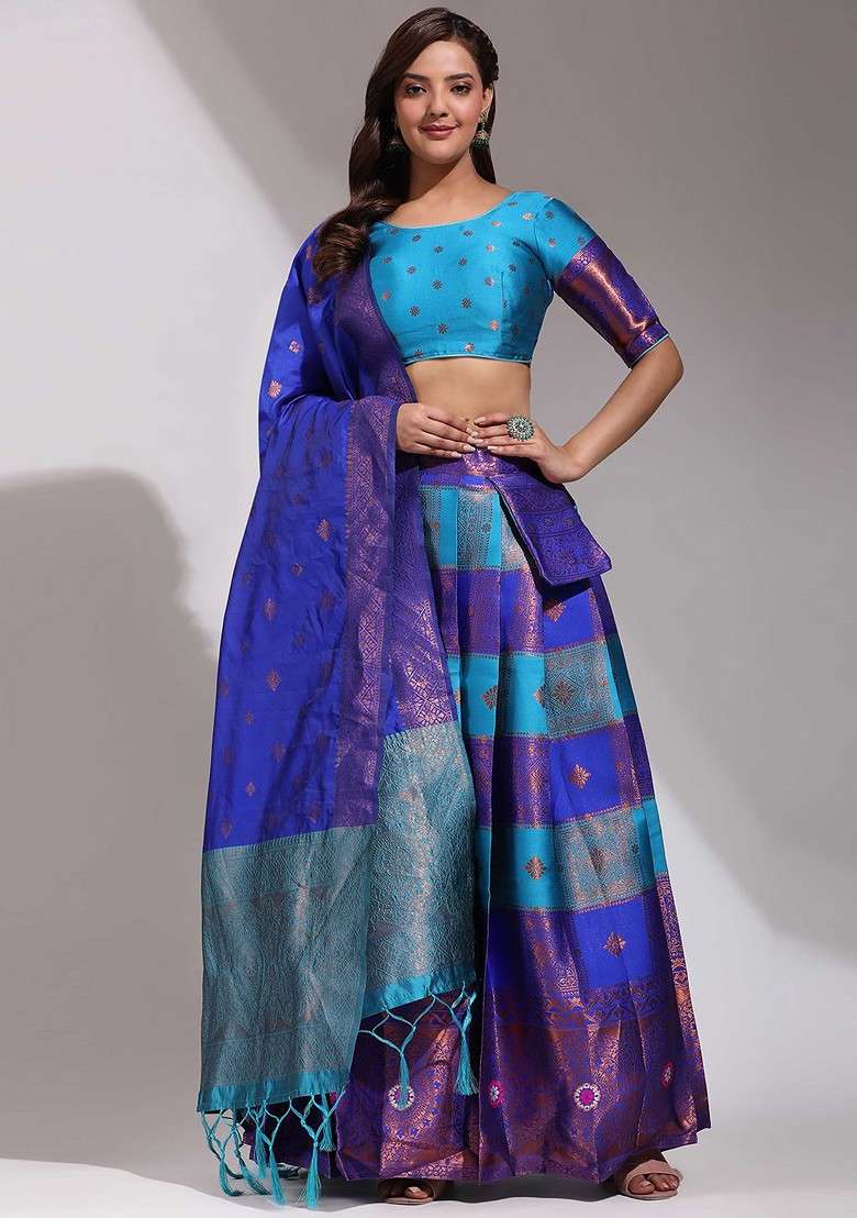 Blue Woven Design Blended Lehenga Choli - Indya