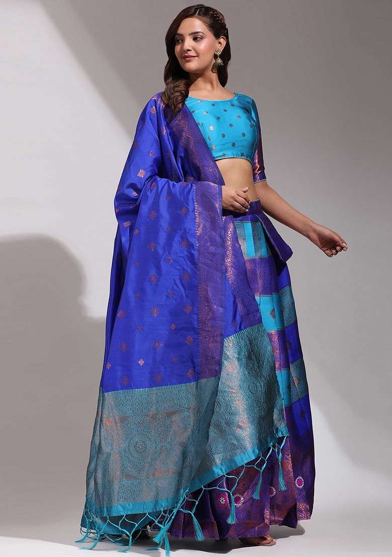 Blue Woven Design Blended Lehenga Choli - Indya