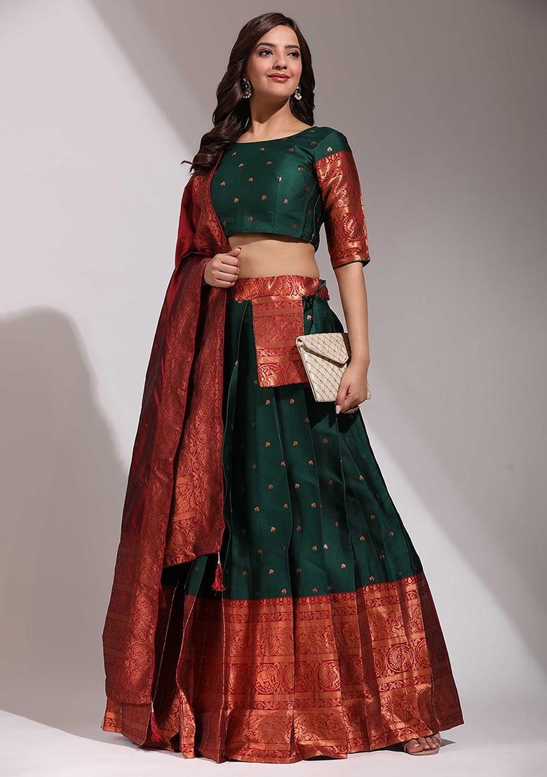 Green Woven Design Blended Lehenga Choli - Indya