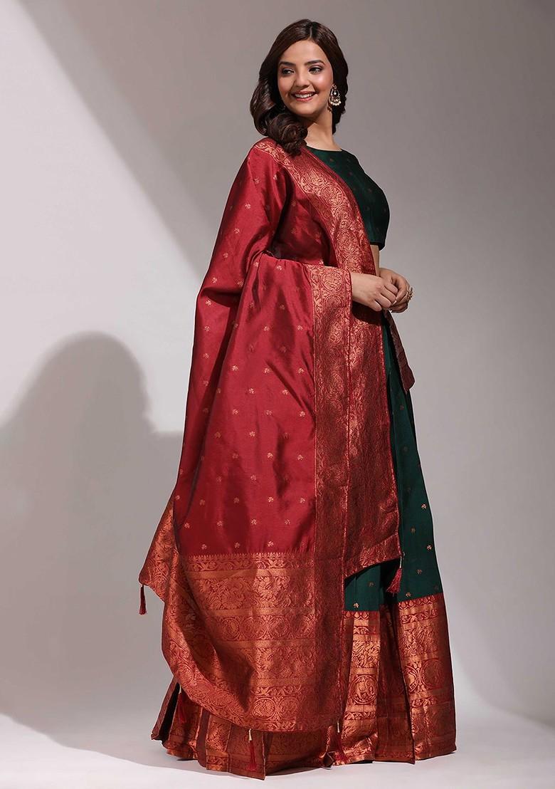 Green Woven Design Blended Lehenga Choli - Indya