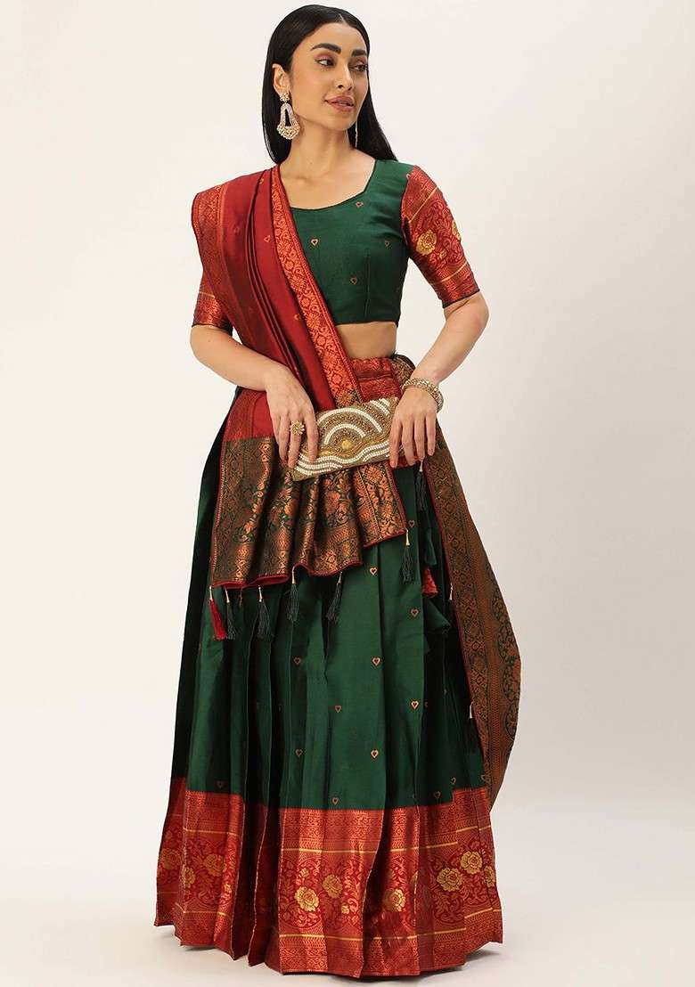 Green Zari Work Blended Lehenga Choli - Indya