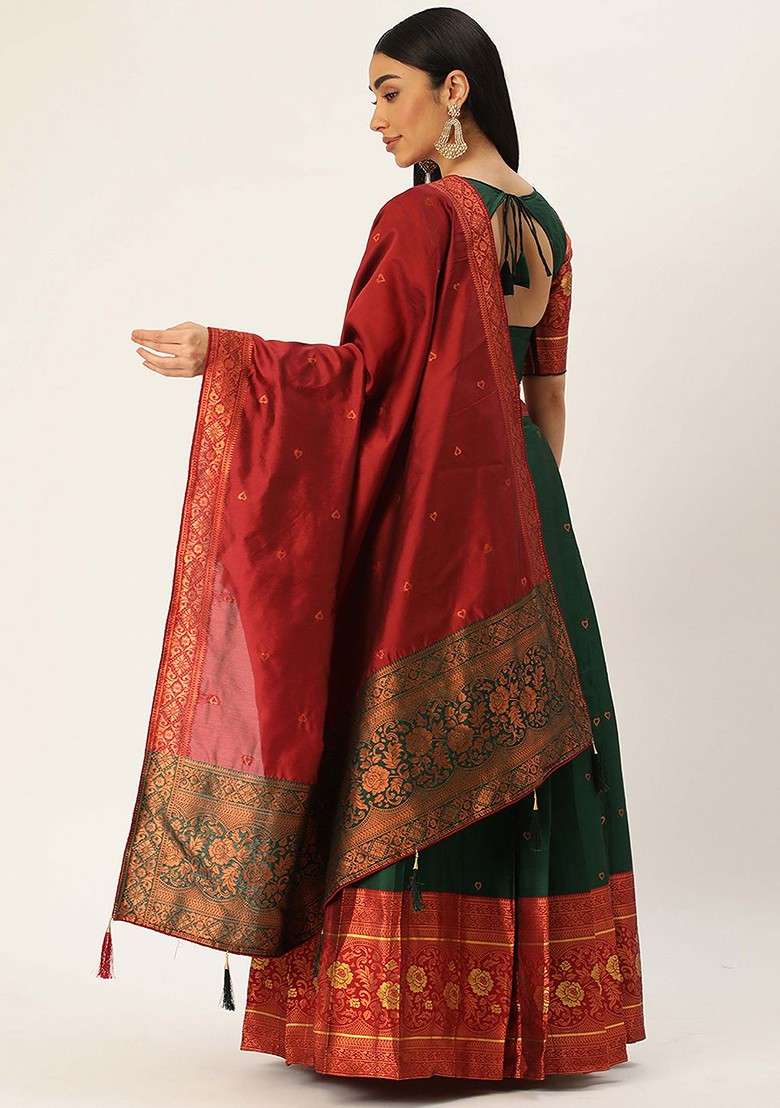 Green Zari Work Blended Lehenga Choli - Indya