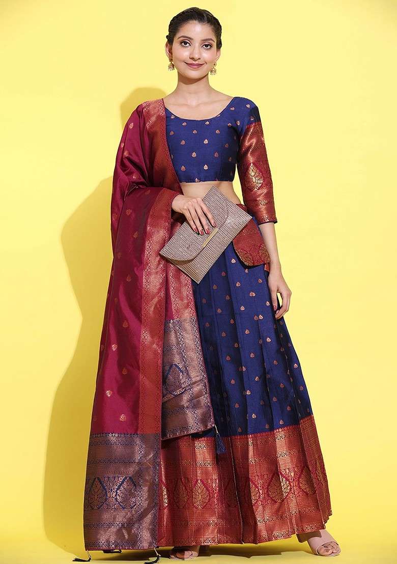 Navy Blue Woven Design Blended Lehenga Choli - Indya