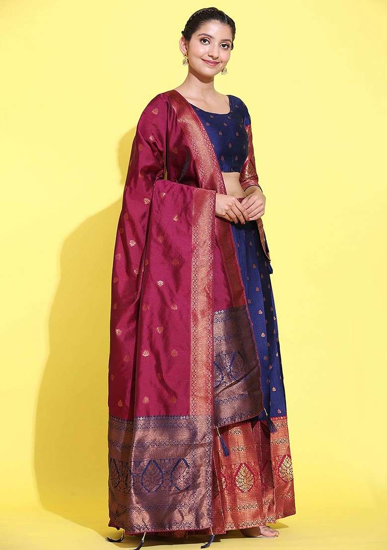 Navy Blue Woven Design Blended Lehenga Choli - Indya