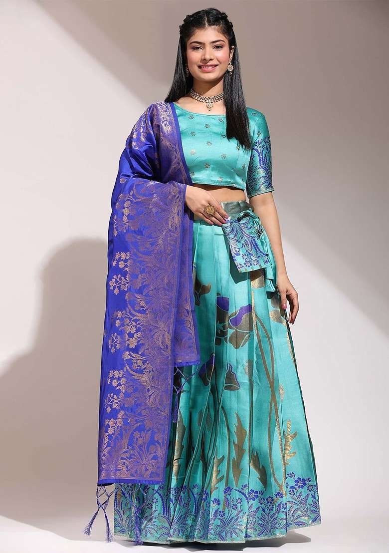 Blue Woven Design Blended Lehenga Choli - Indya
