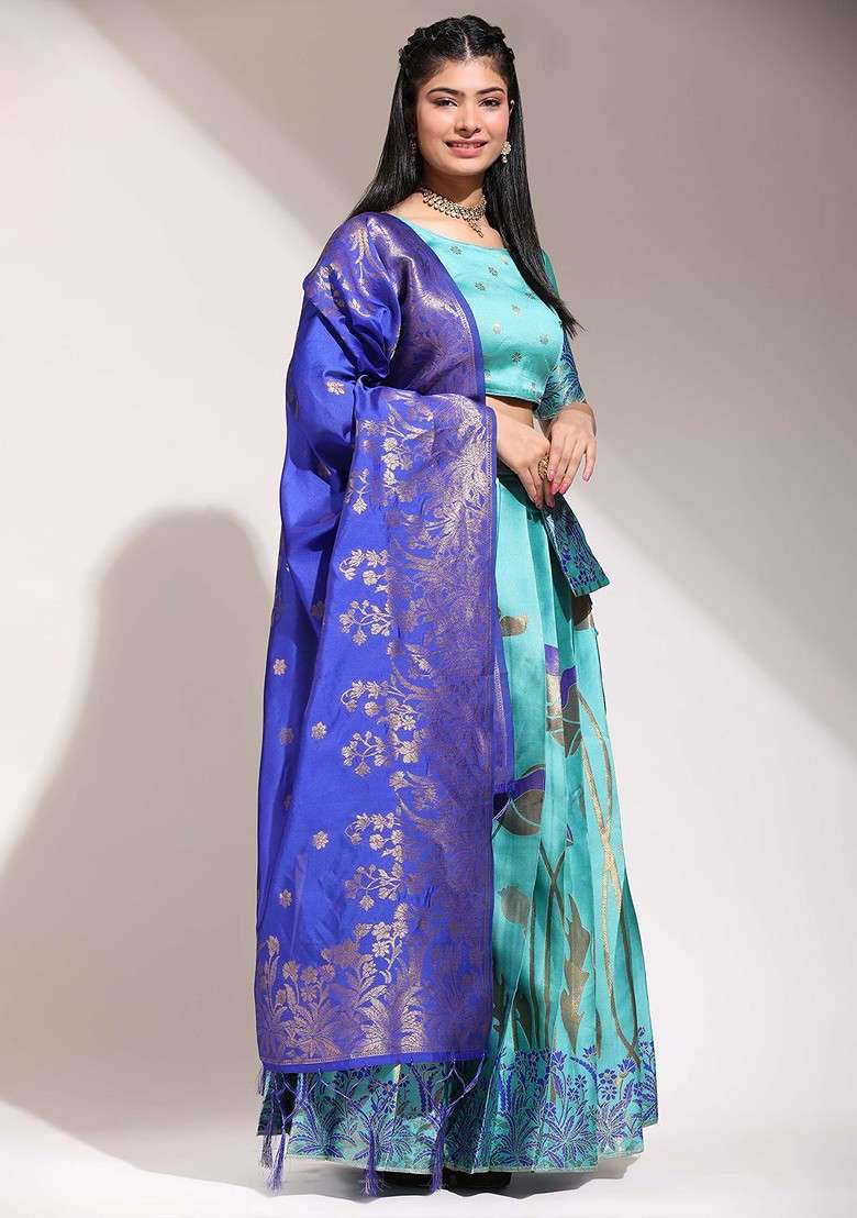 Blue Woven Design Blended Lehenga Choli - Indya