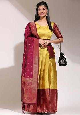 Yellow Woven Design Blended Lehenga Choli