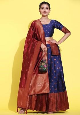 Navy Blue Zari Work Blended Lehenga Choli