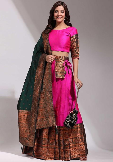 Pink Woven Design Blended Lehenga Choli — view on Indya