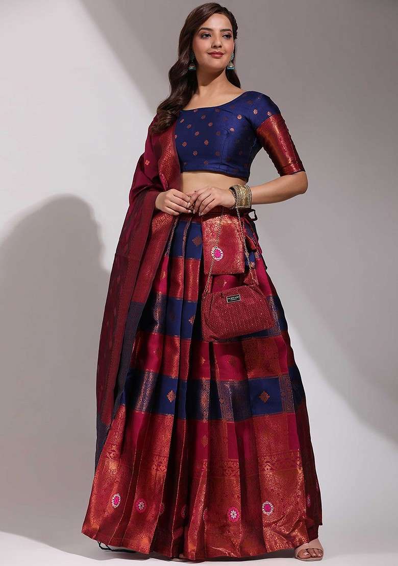 Navy Blue Woven Design Blended Lehenga Choli - Indya