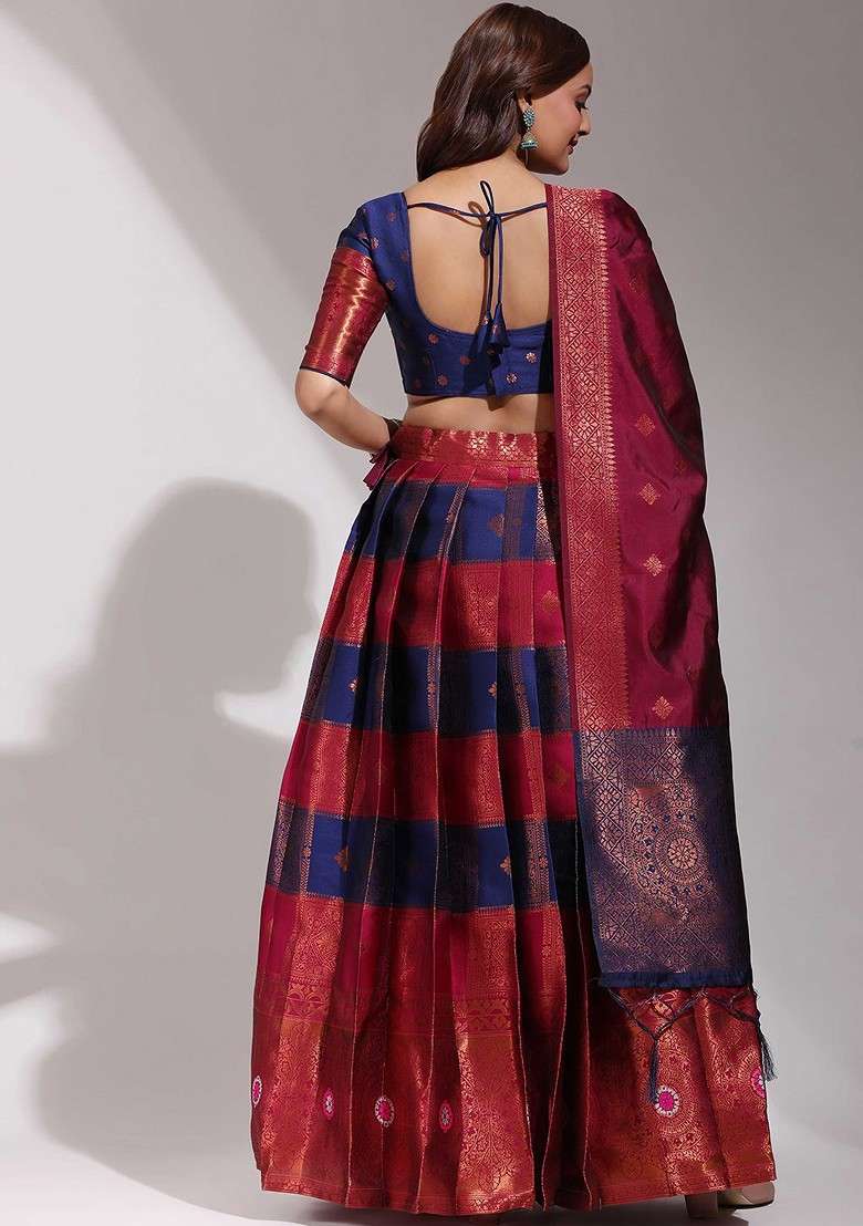 Navy Blue Woven Design Blended Lehenga Choli - Indya