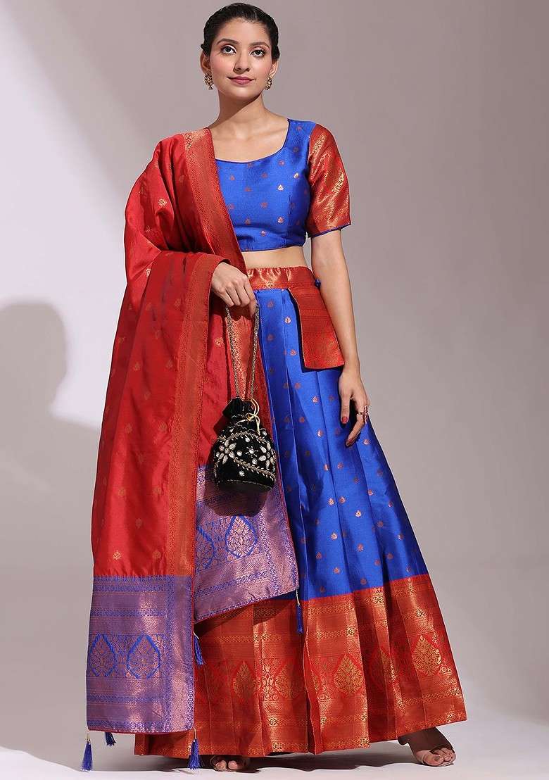 Blue Woven Design Blended Lehenga Choli - Indya