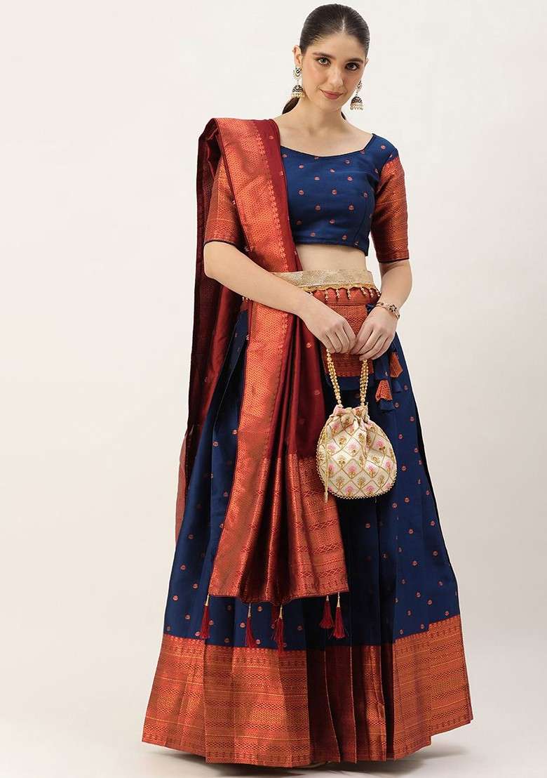 Navy Blue Woven Design Blended Lehenga Choli - Indya