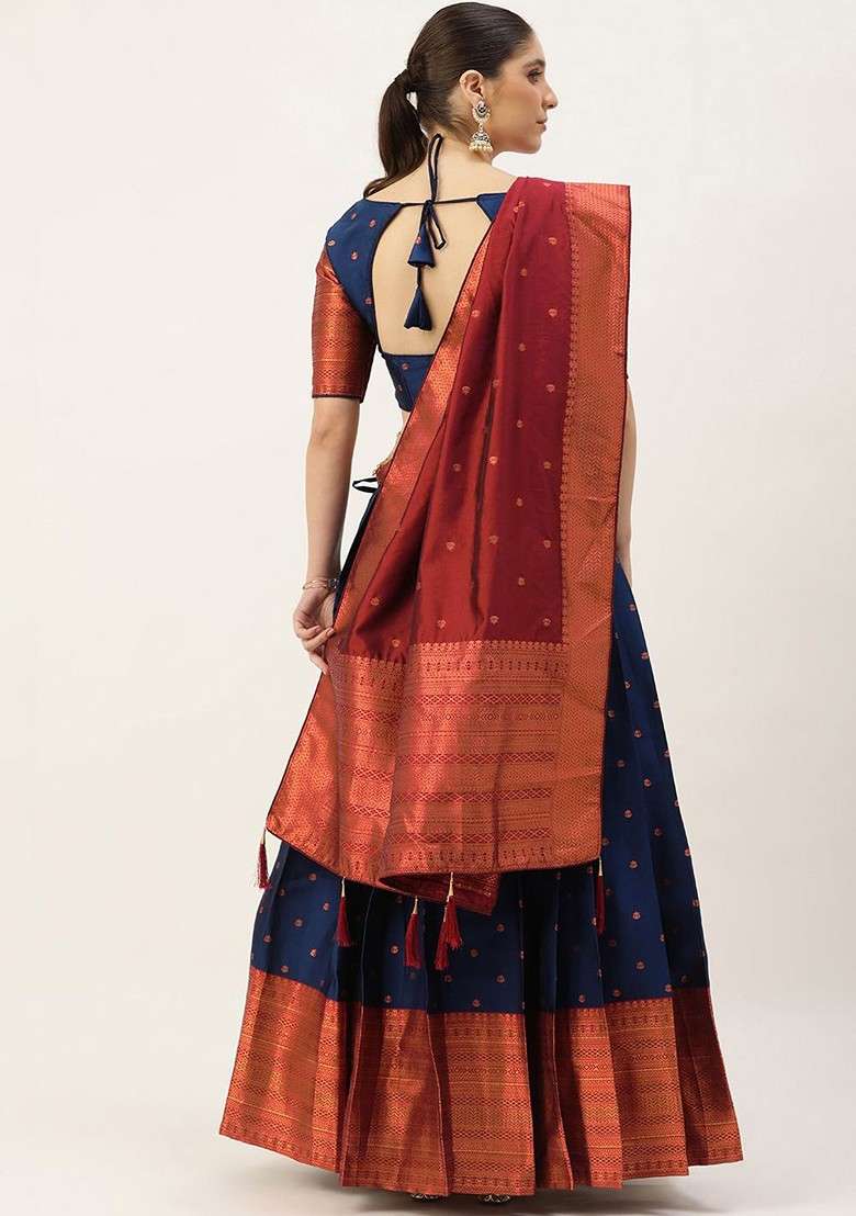 Navy Blue Woven Design Blended Lehenga Choli - Indya